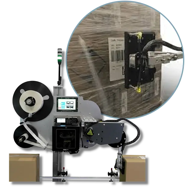 Fully Automatic All electric label applicator showcasing it's pallet labelling capabilities as it shows the applicator arm labelling wrapped boxes
