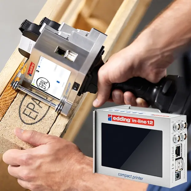 Thermal inkjet inline printer marking a pallet with an EPAL logo
