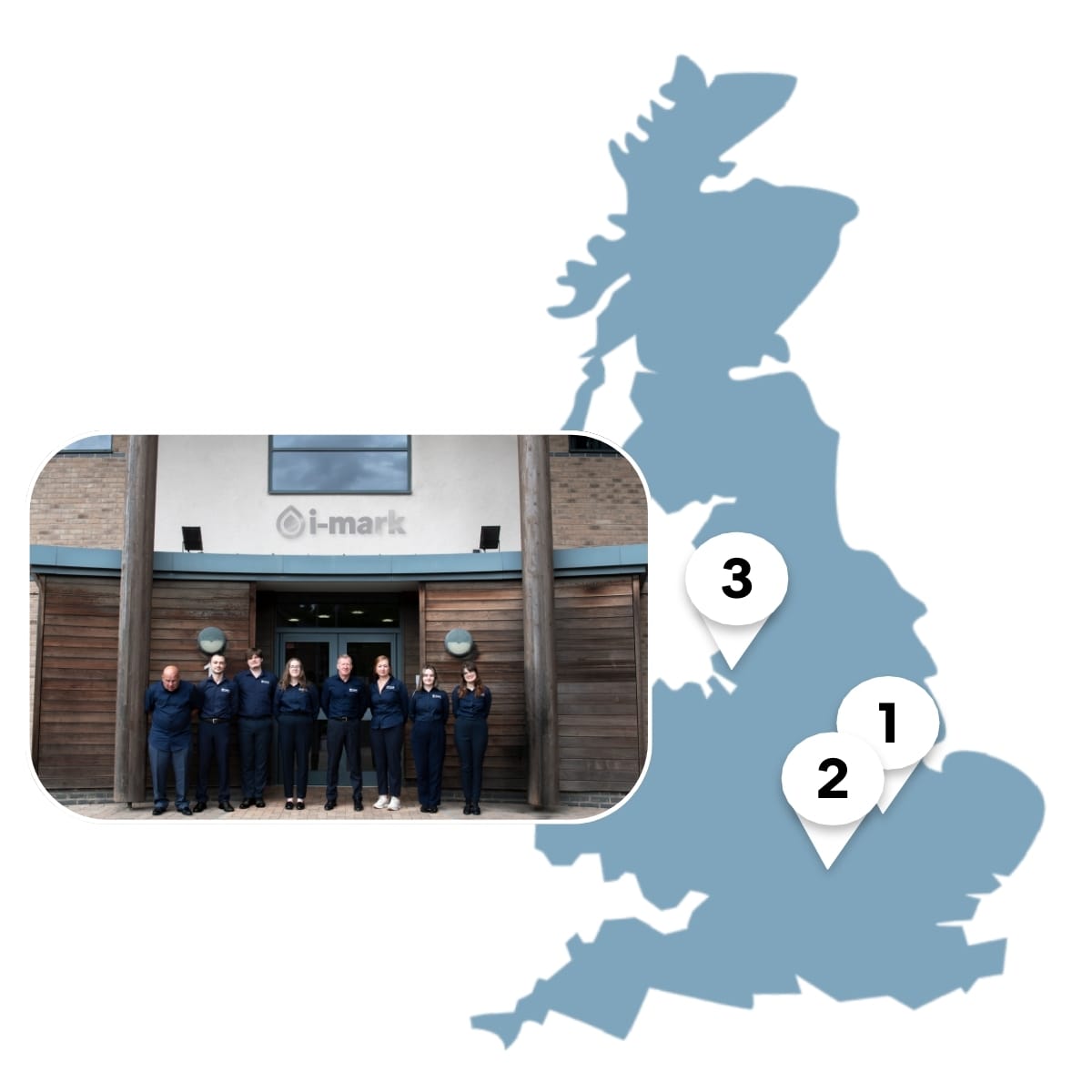 Image showing the UK map for i-marks hubs and technical centres where services are carried out on industrial printers