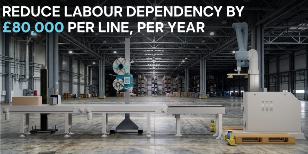 An image of the industry's first End of Line automation system with a warehouse background setting with the caption "reduce labour dependency by £80,000 per line, per year."
