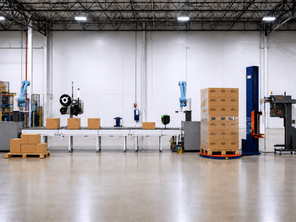 An image of the industry's first plug-and-play end-of-line automation system that contains aa robotic automated palletiser and depalletiser, label applicator, pallet labeller, automatic quality verification, stretch wrapper, direct to box printing that removes labels, helping to tackle labour shortages
