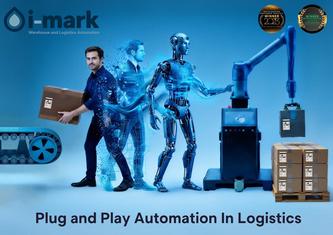 An image of a human evolving into a robotic palletiser carrying a cardboard box with a dispatch abel on it.
